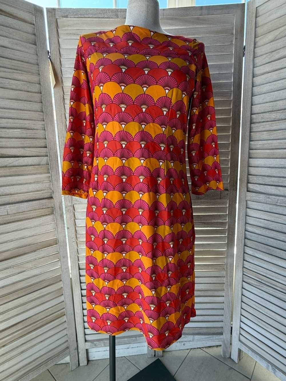 Jude Connally Shannon Dress Jude Cloth 3/4 Sleeve Pink Orange Fan Print Medium